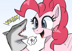 Size: 1280x905 | Tagged: safe, artist:satv12, imported from derpibooru, pinkie pie, pony, shark, excited, female, hand puppet, happy, mare, simple background, solo, speech bubble, thesharkpuppet, yeah