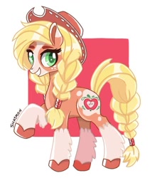 Size: 720x853 | Tagged: source needed, safe, artist:shaymon, imported from derpibooru, applejack, earth pony, pony, leak, spoiler:g5, applejack (g5 concept leak), applejack (g5), female, g5, g5 concept leak style, g5 concept leaks, hat, hooves, mare, redesign, smiling, solo