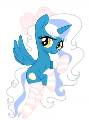 Size: 1024x1464 | Tagged: safe, artist:riofluttershy, imported from derpibooru, oc, oc:fleurbelle, alicorn, adorabelle, adorable face, alicorn oc, bow, clothes, cute, female, flying, hair bow, horn, looking back, mare, simple background, smiling, smiling at you, socks, striped socks, wavy mane, wavy tail, yellow background