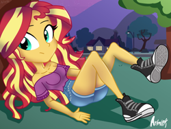 Size: 2400x1800 | Tagged: safe, artist:artmlpk, imported from derpibooru, sunset shimmer, equestria girls, bare shoulders, beautiful, clothes, converse, cute, denim shorts, design, female, high waisted shorts, house, legs, lying down, mountain, night, sexy, shimmerbetes, shoes, shorts, sneakers, solo, style, teenager, tomboy, tree