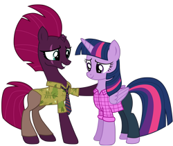 Size: 12012x10137 | Tagged: safe, artist:ejlightning007arts, imported from derpibooru, tempest shadow, twilight sparkle, alicorn, unicorn, my little pony: the movie, base used, broken horn, clothes, crossover, eye scar, female, hawaiian shirt, hoof on shoulder, horn, judy hopps, lesbian, mare, necktie, nick wilde, pink shirt, scar, shipping, shirt, simple background, smiling, tempestlight, transparent background, twilight sparkle (alicorn), vector, zootopia