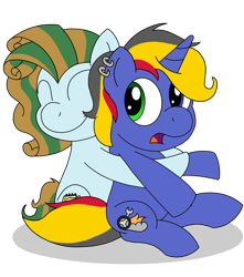 Size: 1440x1632 | Tagged: safe, artist:toyminator900, imported from derpibooru, oc, oc only, oc:atlas, oc:wheelie rims, earth pony, pony, unicorn, eyes closed, female, heterochromia, hug, ring, simple background, transparent background