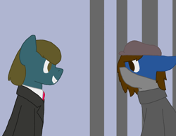Size: 1510x1165 | Tagged: safe, artist:derpy_the_duck, imported from derpibooru, oc, oc:clint, oc:lucky, earth pony, fallout equestria, clothes, hat, mafia, prison cell, suit