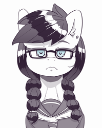 Size: 2458x3090 | Tagged: safe, artist:pabbley, imported from derpibooru, oc, oc:tjane, oc:tjpones, 177013, braid, clothes, cursed image, emergence, glasses, looking at you, parody, piercing, rule 63, saki yoshida, school uniform, style emulation, we are going to hell