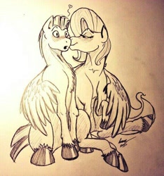 Size: 572x612 | Tagged: safe, artist:lucas_gaxiola, imported from derpibooru, fluttershy, oc, pegasus, pony, :o, bedroom eyes, blushing, canon x oc, chest fluff, female, heart, male, mare, open mouth, signature, stallion, straight, traditional art, unshorn fetlocks