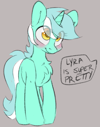 Size: 1573x2000 | Tagged: safe, artist:spoopygander, imported from derpibooru, lyra heartstrings, pony, unicorn, blushing, captain obvious, chest fluff, cute, female, gray background, lyrabetes, simple background, solo, text, truth