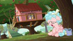 Size: 1000x562 | Tagged: safe, imported from derpibooru, screencap, apple bloom, cozy glow, scootaloo, sweetie belle, earth pony, pegasus, pony, unicorn, marks for effort, season 8, spoiler:s08, absurd file size, absurd gif size, animated, apple, apple tree, bag, clubhouse, crocodile tears, crusaders clubhouse, crying, cutie mark crusaders, eyes closed, fake crying, female, filly, freckles, frown, gif, open mouth, sad, saddle bag, tree, tree stump, treehouse