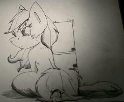 Size: 1024x846 | Tagged: safe, artist:lucas_gaxiola, imported from derpibooru, applejack, earth pony, pony, female, freckles, irl, lineart, mare, missing accessory, photo, sitting, solo, traditional art, underhoof