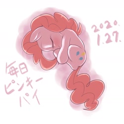 Size: 1536x1536 | Tagged: safe, artist:kurogewapony, imported from derpibooru, pinkie pie, earth pony, pony, daily pinkie pie, curled up, cute, diapinkes, eyes closed, female, japanese, mare, simple background, sleeping, solo, white background