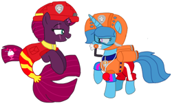 Size: 1754x1080 | Tagged: safe, artist:徐詩珮, imported from derpibooru, fizzlepop berrytwist, spring rain, tempest shadow, seapony (g4), unicorn, series:sprglitemplight diary, series:sprglitemplight life jacket days, series:springshadowdrops diary, series:springshadowdrops life jacket days, base used, broken horn, clothes, cute, female, horn, lesbian, lifeguard, lifeguard spring rain, paw patrol, seaponified, seapony tempest shadow, shipping, simple background, snorkeling, species swap, spring rain is not amused, springbetes, springshadow, swimsuit, tempestbetes, transparent background, unamused