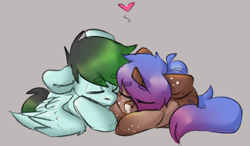 Size: 2000x1167 | Tagged: safe, artist:spoopygander, imported from derpibooru, oc, oc only, oc:gryph xander, oc:midnight winds, pegasus, pony, unicorn, beanbrows, couple, cuddling, cute, eyebrows, eyebrows visible through hair, eyes closed, heart, middergryph