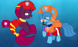 Size: 1799x1080 | Tagged: safe, artist:徐詩珮, imported from derpibooru, fizzlepop berrytwist, spring rain, tempest shadow, seapony (g4), unicorn, series:sprglitemplight diary, series:sprglitemplight life jacket days, series:springshadowdrops diary, series:springshadowdrops life jacket days, base used, broken horn, clothes, cute, female, horn, lesbian, lifeguard, lifeguard spring rain, paw patrol, photo, seaponified, seapony tempest shadow, shipping, snorkeling, species swap, spring rain is not amused, springbetes, springshadow, swimsuit, tempestbetes, unamused