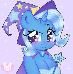 Size: 1960x2000 | Tagged: safe, artist:bunxl, imported from derpibooru, trixie, anthro, :3, adorasexy, bare shoulders, breasts, bust, busty trixie, cleavage, cute, diatrixes, female, heart eyes, magic wand, purple background, sexy, simple background, solo, starry eyes, wingding eyes