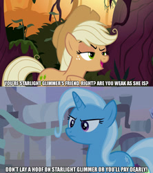 Size: 1280x1440 | Tagged: safe, edit, edited screencap, imported from derpibooru, screencap, mean applejack, trixie, earth pony, pony, unicorn, road to friendship, the mean 6, caption, clone, female, image macro, meme, text, trixie yells at everything