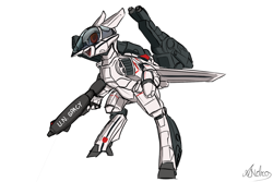 Size: 1500x1000 | Tagged: safe, artist:andromailus, imported from derpibooru, oc, oc only, original species, plane pony, pony, robot, robot pony, bipedal, gun, macross, mecha, plane, simple background, solo, vf-1 valkyrie, weapon, white background