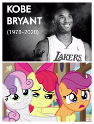 Size: 3106x4096 | Tagged: safe, deleted from derpibooru, edit, edited screencap, imported from derpibooru, screencap, apple bloom, scootaloo, sweetie belle, human, pony, the last crusade, basketball, crying, cutie mark crusaders, implied death, kobe bryant, nba, obligatory pony, rest in peace, sad