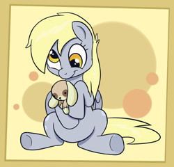 Size: 1330x1278 | Tagged: safe, artist:cookieboy011, imported from derpibooru, derpy hooves, pegasus, pony, cute, derpabetes, doll, female, precious peter paddy paws, solo, sweet dreams fuel, toy