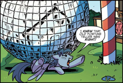 Size: 1590x1078 | Tagged: safe, artist:pencils, idw, imported from derpibooru, oc, oc:sky shatter, pegasus, pony, spoiler:comic, spoiler:comic69, context is for the weak, cropped, disco ball, eyes closed, male, random pony, speech bubble, stallion, trapped