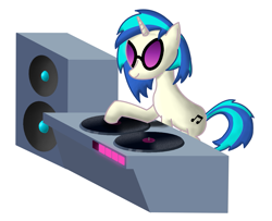 Size: 1213x983 | Tagged: safe, artist:mlplayer dudez, artist:solder point, imported from derpibooru, dj pon-3, vinyl scratch, pony, unicorn, female, glasses, isometric, record, shading, simple background, solo, speaker, turntable