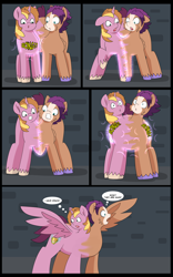 Size: 5000x8000 | Tagged: safe, artist:chedx, imported from derpibooru, oc, oc only, oc:fast hooves, oc:home defence, oc:king speedy hooves, clydesdale, earth pony, pegasus, pony, unicorn, comic:the fusion flashback, blushing, butt, comic, commissioner:bigonionbean, confused, confusion, conjoined, cutie mark, dialogue, fusion, fusion:big macintosh, fusion:fast hooves, fusion:flash sentry, fusion:home defence, fusion:king speedy hooves, fusion:shining armor, fusion:trouble shoes, magic, merge, merging, panicking, parent:big macintosh, parent:shining armor, plot, potion, swelling, swollen, writer:bigonionbean