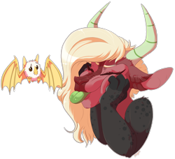 Size: 1710x1558 | Tagged: safe, artist:qatsby, imported from derpibooru, oc, oc only, bat, fruit bat, bust, eyes closed, female, horns, interspecies offspring, magical gay spawn, offspring, parent:discord, parent:lord tirek, parents:tirekcord, simple background, solo, spots, squishy cheeks, tongue out, transparent background