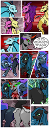 Size: 1500x3900 | Tagged: safe, artist:nancy-05, imported from derpibooru, adagio dazzle, aria blaze, king sombra, nightmare moon, princess luna, queen chrysalis, sonata dusk, changeling, pony, siren, umbrum, unicorn, comic:fusing the fusions, comic:time of the fusions, alicorn amulet, argument, blushing, bugbutt, butt, chest, clothes, comic, commissioner:bigonionbean, confusion, dat butt, dialogue, dungeon, ethereal mane, evil planning in progress, extra thicc, fangs, female, flank, forced, fusion, gem, imminent fusion, jewelry, magic, mare, meme, moonbutt, necklace, nightmare moonbutt, nodding, panting, plot, prison, queen umbra, regalia, rule 63, shocked, siren gem, smiling, smirk, sombra eyes, spell, spirit, swelling, swollen, tartarus, the dazzlings, vein, vein bulge, wingless, writer:bigonionbean