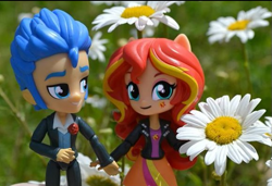 Size: 579x396 | Tagged: safe, artist:natsumiol, imported from derpibooru, flash sentry, sunset shimmer, equestria girls, doll, equestria girls minis, eqventures of the minis, female, flashimmer, flower, male, photo, shipping, straight, toy