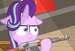 Size: 2500x1700 | Tagged: safe, artist:pizzamovies, imported from derpibooru, starlight glimmer, pony, unicorn, :i, ak-47, assault rifle, communism, crossing the memes, delet this, female, floppy ears, gun, hammer and sickle, holding, i mean i see, mare, meme, rifle, show accurate, solo, soviet union, stalin glimmer, weapon