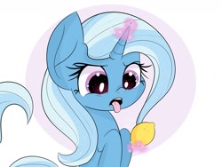 Size: 1600x1200 | Tagged: safe, artist:janelearts, imported from derpibooru, trixie, pony, unicorn, abstract background, disgusted, eww, female, food, lemon, magic, solo, telekinesis, tongue out