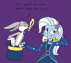 Size: 1229x1080 | Tagged: safe, artist:bugssonicx, imported from derpibooru, trixie, rabbit, equestria girls, animal, annoyed, arm behind head, bugs bunny, bunny out of the hat, clothes, clothespin, complaining, crossover, embarrassed, female, hat, looney tunes, male, procrastination, top hat