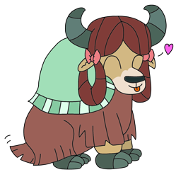 Size: 1362x1369 | Tagged: safe, artist:supahdonarudo, imported from derpibooru, yona, yak, :p, bow, cloven hooves, cute, female, hair bow, heart, monkey swings, simple background, sitting, tail wag, tongue out, transparent background, yonadorable