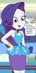 Size: 297x594 | Tagged: safe, edit, edited screencap, editor:thomasfan45, imported from derpibooru, screencap, rarity, equestria girls, equestria girls series, holidays unwrapped, spoiler:eqg series (season 2), 1000 hours in ms paint, alternate eye color, beautiful, blouse, bracelet, brainwashing, canterlot mall, clothes, cropped, cute, dashing through the mall, description is relevant, female, food court, hand on hip, jewelry, love spell, mind control, necklace, offscreen character, open mouth, pencil skirt, pink eyes, raribetes, rarity peplum dress, skirt, smiling, solo, speech bubble, story included