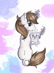 Size: 1990x2690 | Tagged: safe, artist:lightisanasshole, imported from derpibooru, oc, oc only, oc:dorm pony, pony, unicorn, abstract background, book, brown eyes, brush, curved horn, hearth's warming con, horn, levitation, looking at you, looking back, magic, painting, solo, telekinesis