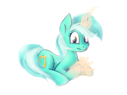 Size: 1160x872 | Tagged: safe, artist:wellory, imported from derpibooru, lyra heartstrings, pony, unicorn, female, glowing horn, hand, horn, magic, magic hands, mare, prone, solo