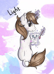 Size: 1990x2690 | Tagged: safe, artist:lightisanasshole, edit, imported from derpibooru, oc, oc only, oc:dorm pony, pony, unicorn, abstract background, book, brown eyes, brush, curved horn, hearth's warming con, horn, levitation, looking at you, looking back, magic, painting, solo, telekinesis, text, text edit