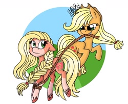 Size: 1080x883 | Tagged: artist needed, source needed, safe, imported from derpibooru, applejack, earth pony, pony, spoiler:g5, applejack (g5 concept leak), applejack (g5), braid, duo, female, g4, g4 to g5, g5, g5 concept leak style, g5 concept leaks, generational ponidox, mare, redesign, rope