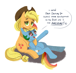 Size: 1350x1300 | Tagged: safe, artist:camaleao, derpibooru exclusive, imported from derpibooru, applejack, rainbow dash, earth pony, pegasus, pony, appledash, applejack's hat, cowboy hat, cuddling, cute, female, hat, implied daring do, lesbian, shipping, simple background, speech bubble, starry eyes, wingding eyes