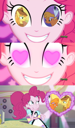 Size: 1280x2160 | Tagged: safe, artist:themexicanpunisher, edit, edited screencap, imported from derpibooru, screencap, braeburn, little strongheart, pinkie pie, buffalo, coinky-dink world, eqg summertime shorts, equestria girls, over a barrel, braeheart, female, heart eyes, male, meme, pinkie's eyes, shipping, straight, wingding eyes