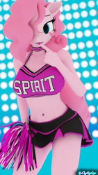 Size: 1152x2048 | Tagged: safe, artist:nyaasapphire, artist:whackysquire, imported from derpibooru, pinkie pie, anthro, earth pony, 3d, belly button, cheerleader outfit, clothes, cute, female, finger to mouth pose, hair over one eye, looking at you, mare, midriff, miniskirt, moe, pleated skirt, pom pom, sexy, skirt, solo, stupid sexy pinkie