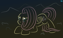 Size: 819x495 | Tagged: safe, artist:quint-t-w, imported from derpibooru, fluttershy, pegasus, pony, crouching, female, gradient background, hiding behind mane, minimalist, modern art, old art, solo