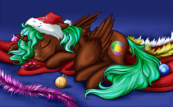 Size: 1426x882 | Tagged: safe, artist:28gooddays, imported from derpibooru, oc, oc only, oc:equie, alicorn, pony, alicorn oc, christmas, decoration, garland, green mane, hat, holiday, horn, ornaments, santa hat, sleeping, solo
