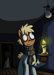 Size: 790x1100 | Tagged: safe, artist:28gooddays, imported from derpibooru, pony, bags under eyes, candle, clothes, horror, knock-knock, light bulb, lightbulb, monster, pajamas, ponified, scarf, solo, the lodger