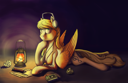 Size: 1496x970 | Tagged: safe, artist:28gooddays, imported from derpibooru, oc, oc only, oc:crazy ditty, pegasus, pony, cassette player, crumpled, headphones, lantern, paper, solo