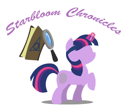 Size: 1657x1465 | Tagged: safe, artist:ravenpuff, imported from derpibooru, twilight sparkle, unicorn, book, fanfic, fanfic art, fanfic cover, female, glowing horn, horn, lineless, magic, magnifying glass, mare, raised hoof, simple background, solo, telekinesis, text, transparent background, unicorn twilight