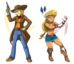 Size: 3640x3160 | Tagged: safe, artist:danmakuman, imported from derpibooru, braeburn, little strongheart, equestria girls, braeheart, equestria girls-ified, female, fighting stance, gun, hand wraps, handgun, male, pose, revolver, shipping, straight