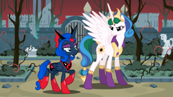 Size: 7373x4143 | Tagged: safe, artist:tsabak, idw, imported from derpibooru, princess celestia, princess luna, alicorn, pony, reflections, spoiler:comic, absurd resolution, antagonist, duo, evil celestia, evil counterpart, evil luna, female, idw showified, mare, mirror universe, statue