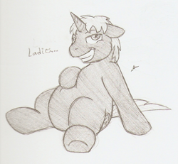 Size: 807x746 | Tagged: safe, artist:ravenpuff, imported from derpibooru, oc, oc only, oc:bastion, pony, unicorn, bhm, chubby, fat, grin, horn, male, sitting, smiling, solo, speech, stallion, traditional art, underhoof, unicorn oc