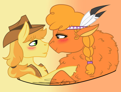 Size: 1088x830 | Tagged: safe, artist:tejedora, edit, imported from derpibooru, braeburn, little strongheart, buffalo, earth pony, pony, braeheart, cropped, female, male, shipping, straight