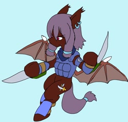 Size: 2048x1966 | Tagged: safe, artist:omegapony16, imported from derpibooru, oc, oc only, oc:oriponi, bat pony, pony, armor, bat pony oc, clothes, ear piercing, earring, female, hoof blades, hoof hold, jewelry, knife, mare, piercing, scarf, simple background, soldier, solo, vest