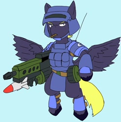 Size: 2025x2048 | Tagged: safe, artist:omegapony16, imported from derpibooru, oc, oc only, oc:oriponi, pegasus, pony, armor, bipedal, cigar, clothes, frown, helmet, male, pegasus oc, rocket launcher, simple background, solo, spread wings, stallion, unshorn fetlocks, vest, wings